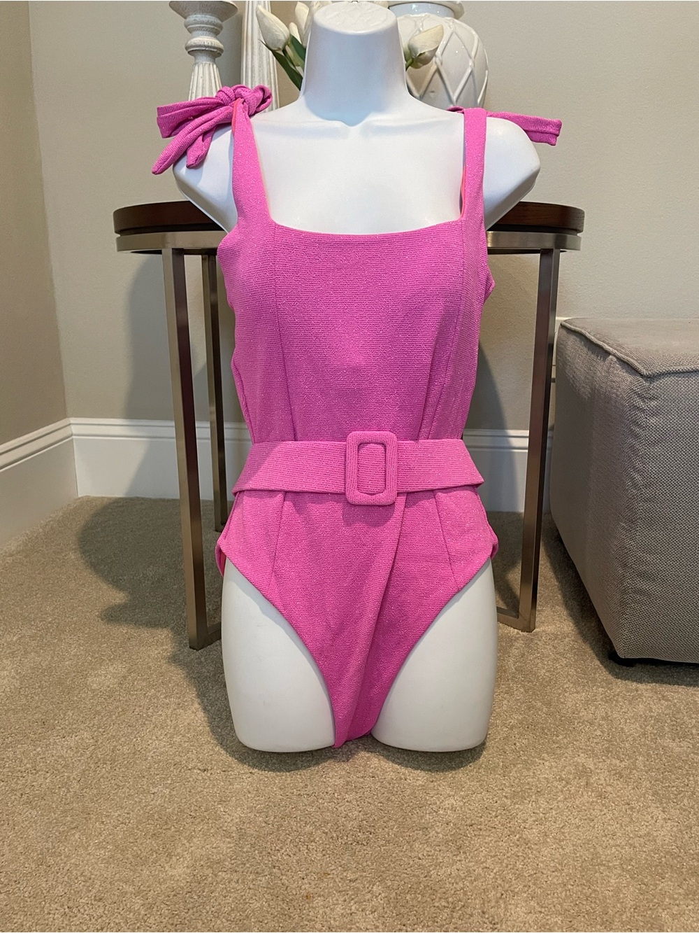 Beach Riot Bright Pink Tie-Shoulder Belted One-Piece Swimsuit
